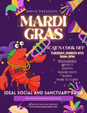 WMPG 2025 Mardi Gras Poster. -March 4, 2025, 11am-2pm McGoldrick Student Success building USM