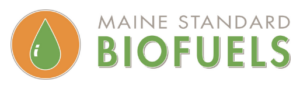 Rectangular logo for Maine Standard Biofuels features the words "Maine Standard" in gray and "Biofuels" in green on a white background. A round image to the right of the words is orange with a green drop of water inside it. 